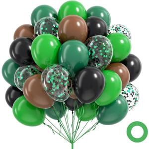 60pcs Green and Brown Balloons 12inch with Brown Black Dark Green Confetti Balloons for Video Game Theme Baby Shower Birthday Party Decorations