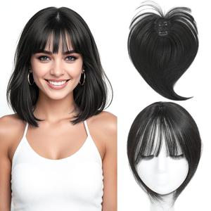 Hair Topper with Bangs Clip, 360 3D Cover Hair Toppers for Women with Thinning Hairs, 10 Inch Straight Clip in Bangs Hairs Piece for Women Daily Wear (2#-Natural Black)