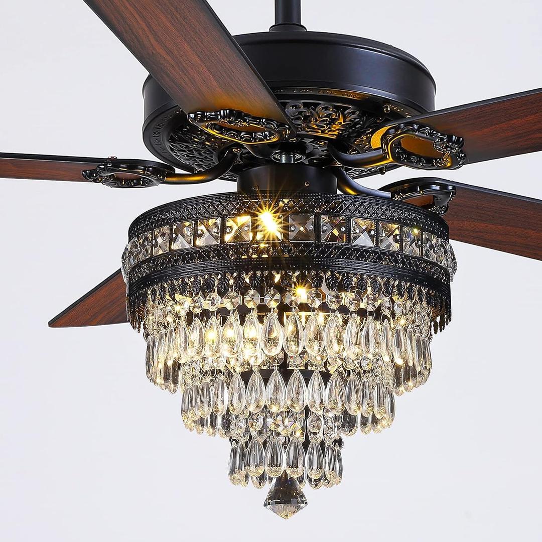 Asyko Crystal Ceiling Fan Fandelier with Lights - Modern Black Chandelier Fans with Remote ControlNoiseless AC Motor, Retro/Farmhouse Lighting, Dining Room Living Room (52"