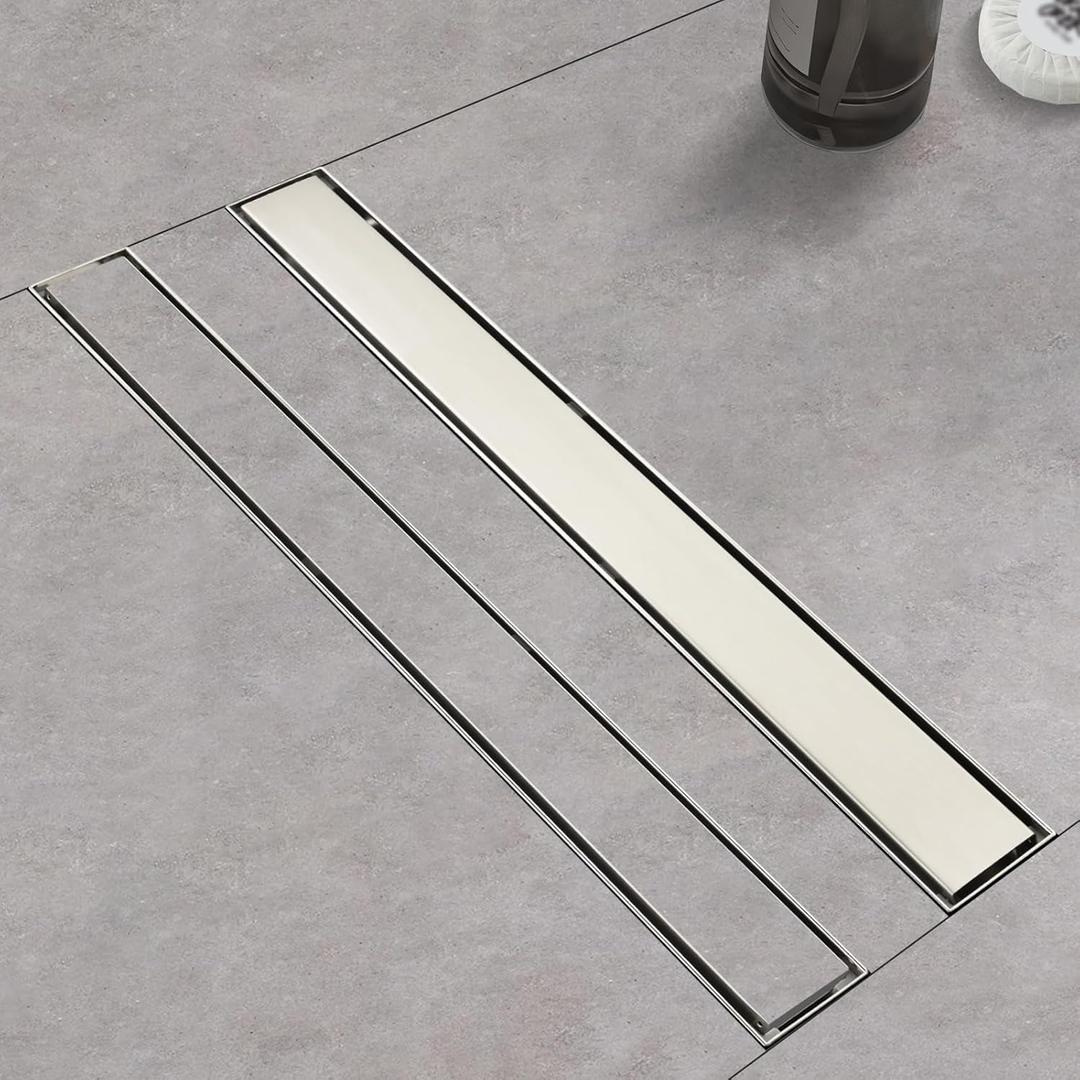 Linear Shower Drain 18 Inch Brushed 304 Stainless Steel Rectangle Shower Floor Drainwith Reversable Tile-inPattern Drain Cover & Hair Catcher, Adjustable Feet