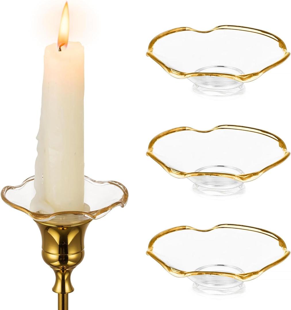Hewory Glass Bobeches for Candlestick Holders, 3 PCS Candle Drip Protector Rings for Taper, Candle Drip Catcher for Candle Stick Candle Holder for Wedding Party Church Home (Scallop, Gold Rim)
