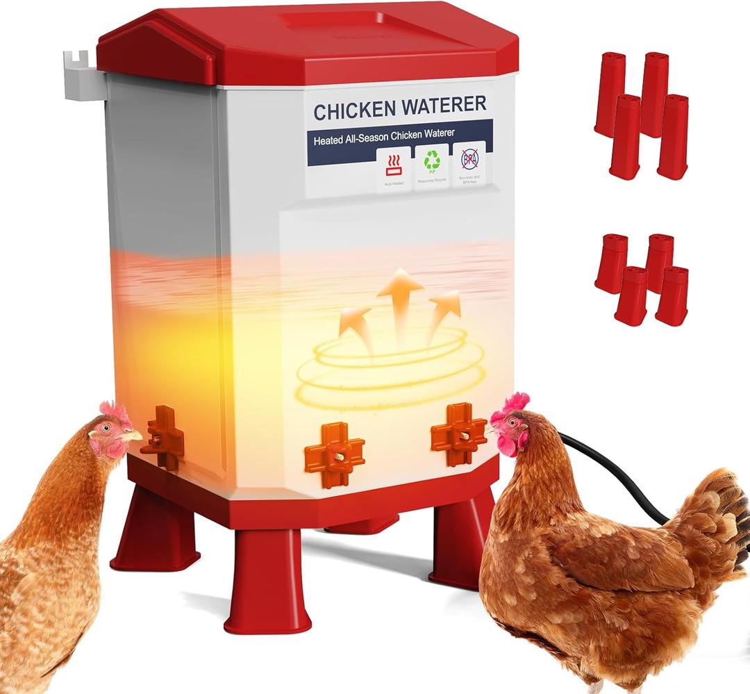 Heated Chicken Waterer, Thermostatically Controlled Poultry Water Heater for Winter, 4 Horizontal Nipples and 8 Support Legs, Anti-Freezing Watering System for Coop Accessories (7L-Red) (Red, 12L)