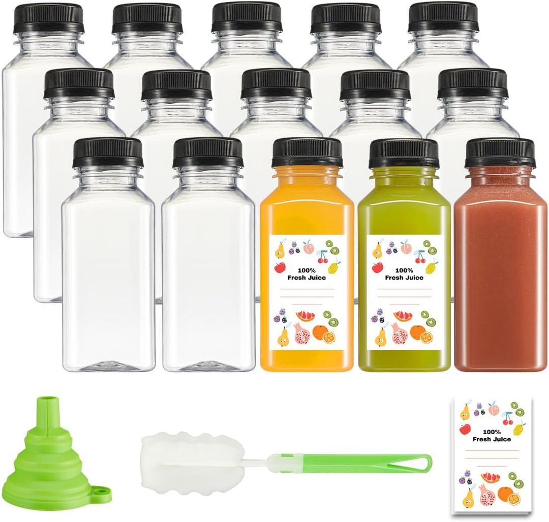 GUSTO [8 oz. - 15 Count Reusable Plastic Juice Bottles With Caps, Labels, Brush, and Silicone Funnel - Clear plastic Bottles with Caps, Juice Containers with lids, for All Beverages