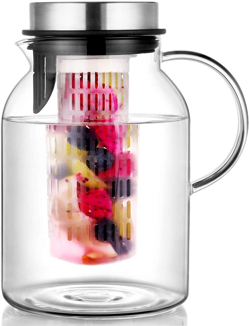 Glass Water Pitcher, Fruit Infuser Pitcher with Removable Lid, High Heat Resistance Infusion Carafe for Hot/Cold Water, Flavor-Infused Beverage & Iced Tea - 2 Qt
