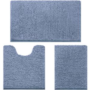 HOMEIDEAS 3 Pieces Bathroom Rugs, Ultra Soft Non Slip Absorbent Chenille Toilet Bath Mat Set (Grey Blue)