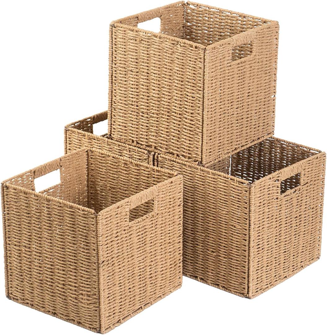 Foldable Storage Cube Bins Set of 4, Paper Woven Square Baskets, Natural, 11" x 11" x 11"