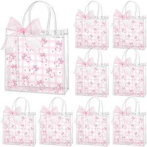 Wesnoy 4 Pcs Pink Bow Clear PVC Gift Bags with Handle Coquette Bowknot Party Favor Pink Plaid Bow Candy Treat Tote Bags for Birthday Party