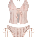 ZAFUL Tankini Swimsuits for Women Smocked Ruffles Tie Front Bowknot Textured High Cut Tanga Tankini Set(Pink L)