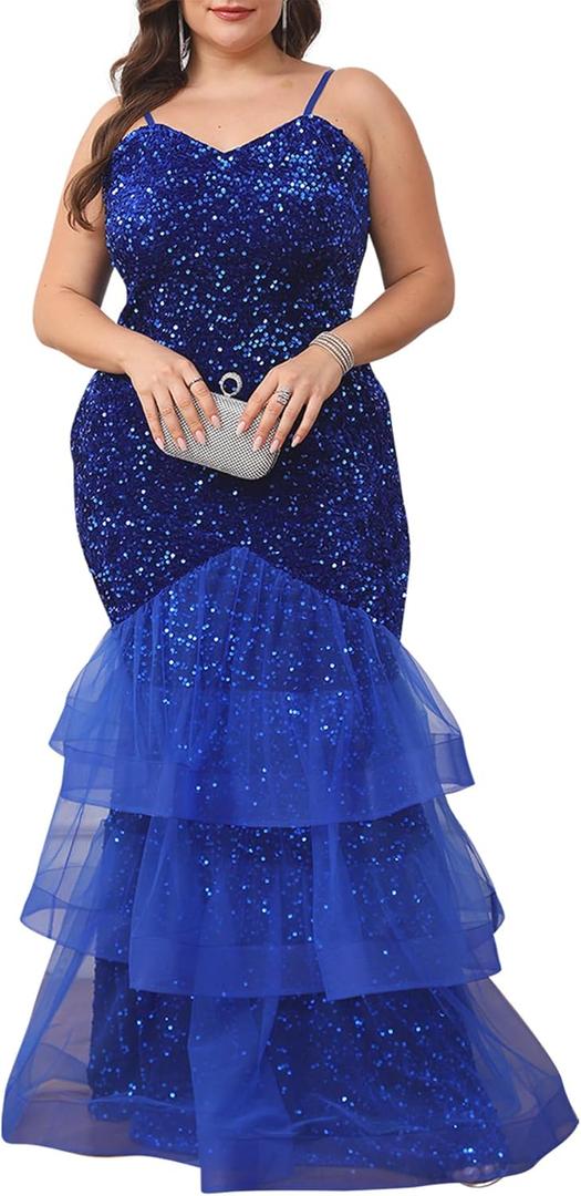 dasmzper Women Sexy Sleeveless Sequin Mesh Patchwork Maxi Dress Plus Size Sling Cocktail Party Formal Gowns (Blue). 5XL