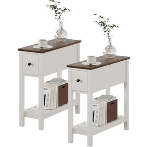 ChooChoo Narrow End Table, Small Side Table for Small Spaces, Slim End Table with Drawer, Narrow Nightstand Bedside Table for Living Room Bedroom, White, 2 Pack