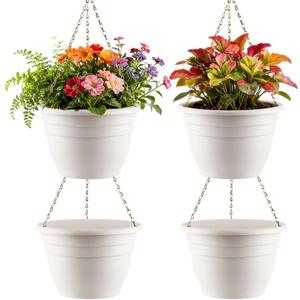 RooTrimmer Hanging Planters 10 Inch, 4 Pcs Flower Pots with Drainage Hole, Self Watering Hanging Basket for Indoor Outdoor Plants, Decor, White