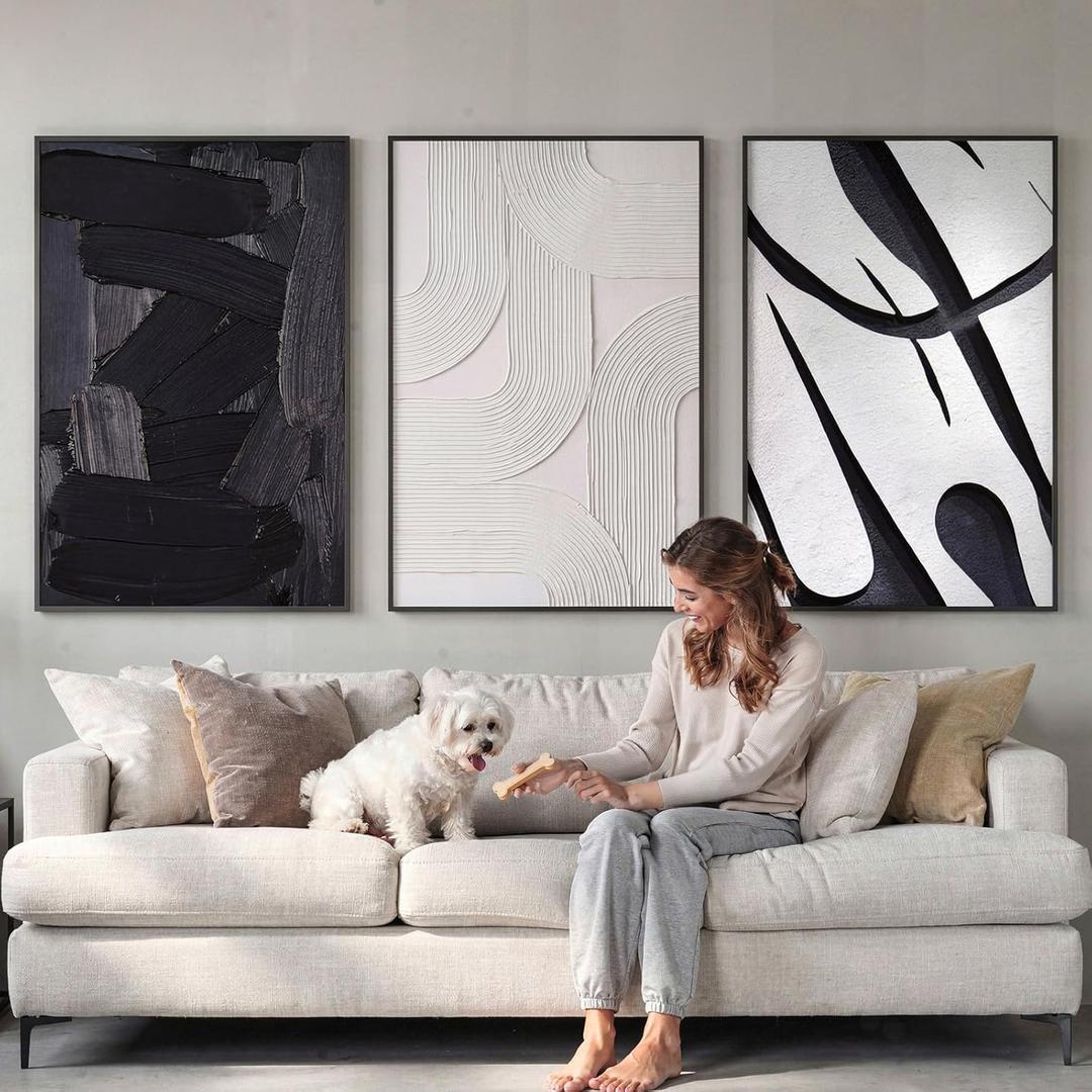 OurWarm 3D Large Framed Black and White Abstract Wall Art for Living Room, 3 Piece Big Minimalist Meutral Textured Modern Wall Art, Wall Pictures for Living Room Hallway Office Wall Decor 24x36 Inch