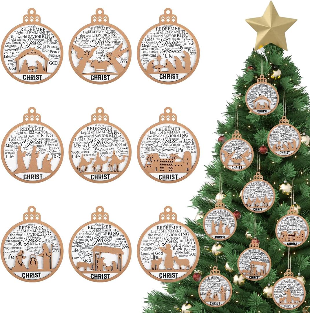 Yookeer 9 Pcs Nativity Christmas Ornaments Music Sheet Christian Wooden Ornament Religious Birth Yule Gift Birth of Jesus Story Gift for Family Christmas Christian Holiday Decor