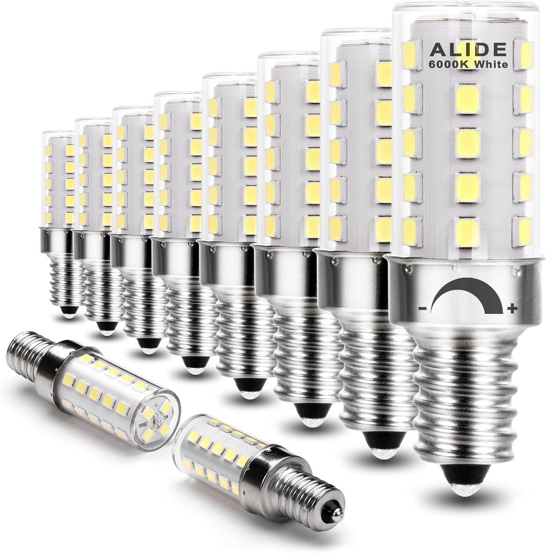 ALIDE Dimmable E12 Led Bulbs 6000k Daylight White 5W,Replace 40 Watt E12 Halogen Equivalent,T6 Base 120V E12 C7 LED Candelabra Bulbs Bright White for Ceiling Fan Chandelier Lighting,450lm,10Pack