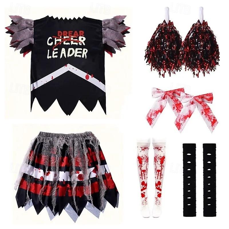 Zombie Cheerleader Carnival Dress More Accessories Costume Horror Scary Costume Kid's Girls' Halloween Carnival Performance Party Easy Carnival Costume Dress Up, M