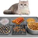 Dog Lick Mat for Small Dogs Cats, 13.8 x 9 Inches Silicone Slow Feeder Dog Licking Mat with Bowls, Peanut Butter Feeding Mat for Anxiety Relief, Reduce Boredom, Improve Eating Habit (Grey)