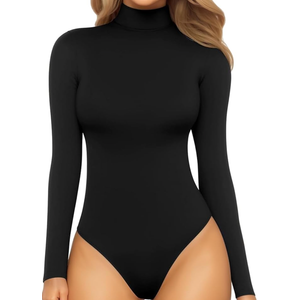 MANGOPOP Women's Mock Turtle Neck Sleeveless Long Sleeve Tops Bodysuit Jumpsuit, L