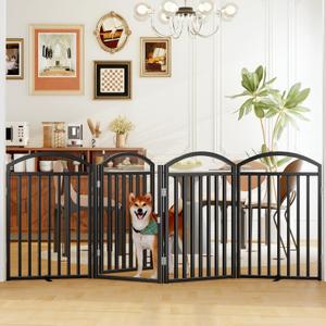 Folding No-Assembly Freestanding Dog Gate with Door,32" Heights Foldable Pet Fence,96" Extra Wide Accordion Puppy Folding Playpen for Doorways,House,Stairs (4 Panels,Black)