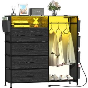Dresser for Bedroom with Clothes Rack Side Pockets 5 Drawer Dresser with Charging Station LED Lights Black Storage Chest of Drawers for Nursery Hallway Closet Sturdy Steel Frame Wood Top