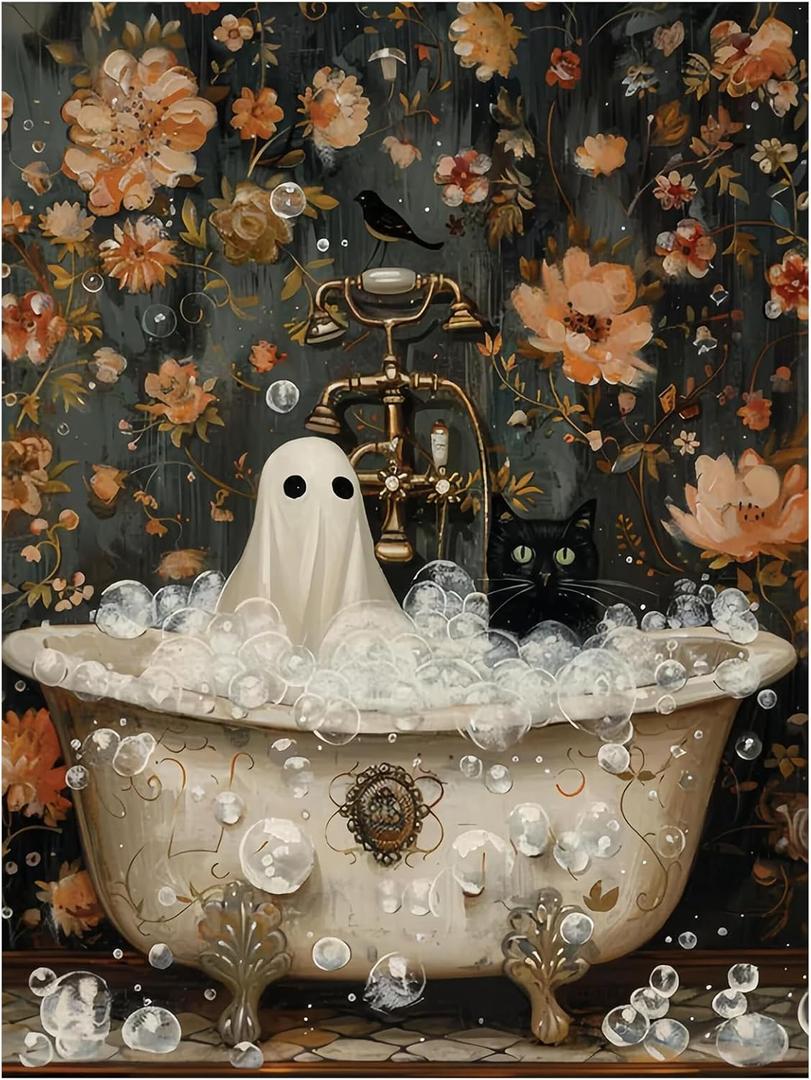 2 x Yeaqee Halloween Ghost Diamond Painting Kits for Adults and Beginners DIY 5D Full Round Drill Halloween Ghost Flower Diamond Art Kit, Painting Gem Art and Crafts Home Wall Decor, 12 x 16 Inch