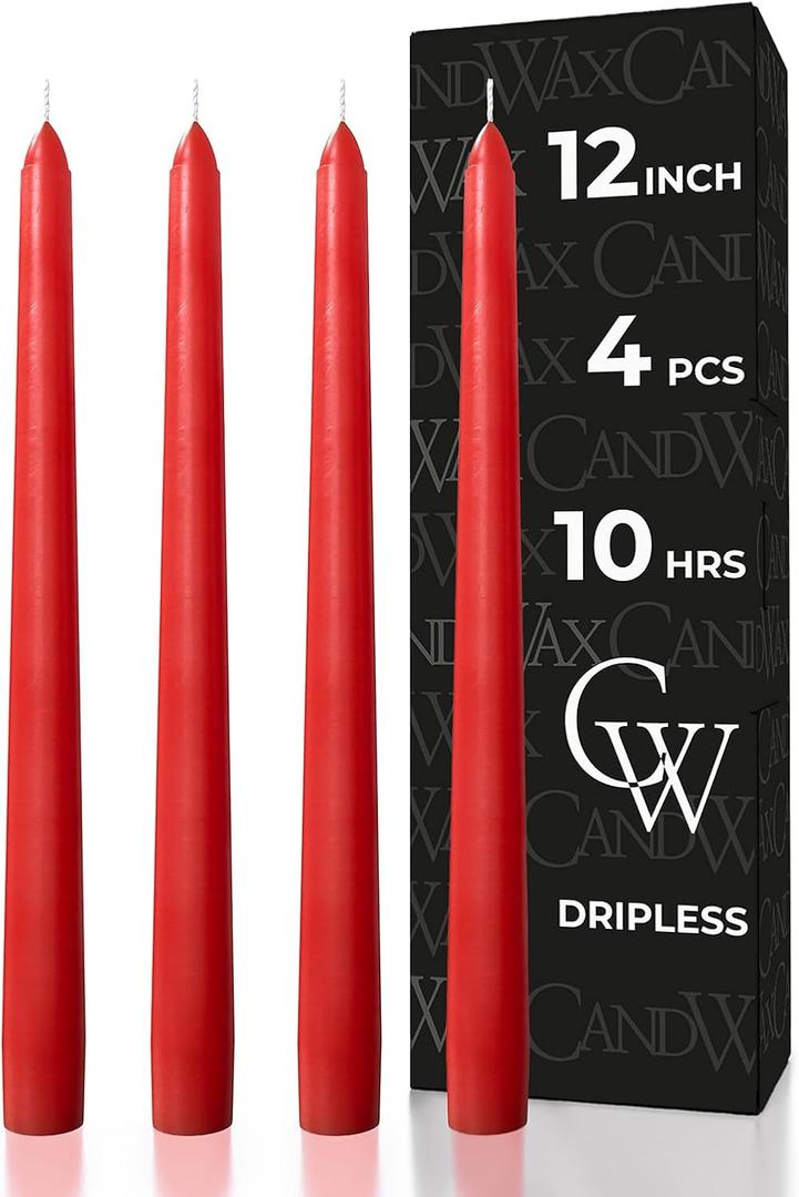 CANDWAX 12 inch Red Taper Candles Set of 4 - Dripless and Long Burning Red Candlesticks - Perfect as Christmas Candlesticks for Dinner or Holiday Home Decor - Christmas Candle Sticks