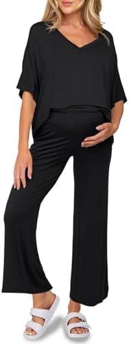 Tankaneo Womens Maternity Pajamas 2 Piece Lounge Set Soft Short Sleeve V Neck T-shirt Cropped Pants Pregnancy Loungewear XL