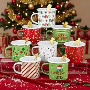 Sliner 8 Set Christmas Coffee Mugs with Spoon 12 Oz Holiday Coffee Enamel Mug Hot Cocoa Design Christmas Gift Mugs for Xmas Friends Coworker Office Home (Vibrant)
