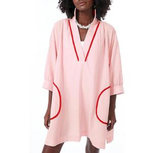 Ailoqing Swimsuit Coverup Womens V Neck 3/4 Sleeve Casual Shirt Dress with Pockets (Medium, Pink)