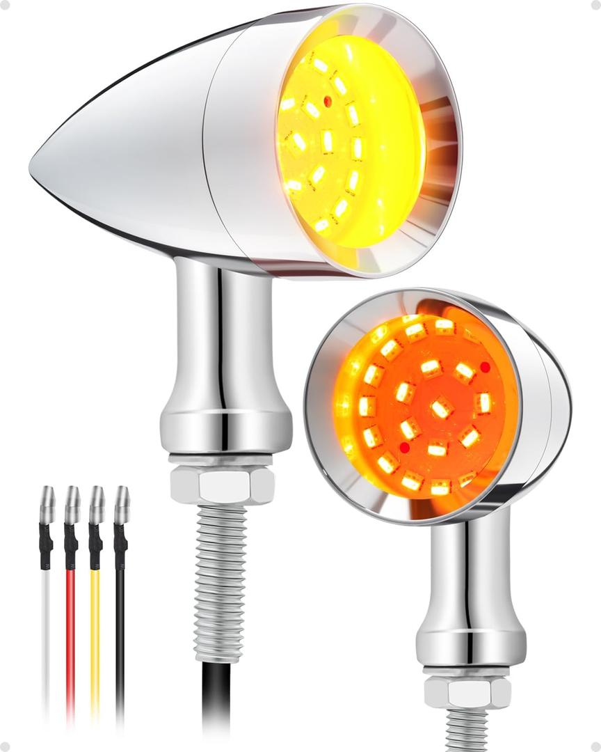 PBYMT Motorcycle Bullet 24 LEDs Turn Signal Lights Amber SMD Blinkers Mount Hole Compatible for Honda Yamaha Suzuki Kawasaki Harley Chopper Bobber (Black) (Chrome/Red and Yellow)