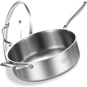 LOLYKITCH 5 QT Tri-Ply Stainless Steel Saut Pan,12 Inch Deep Frying Pan with Lid,Large Skillet,Jumbo Cooker,Induction Cooking Pan,Dishwasher and Oven Safe.
