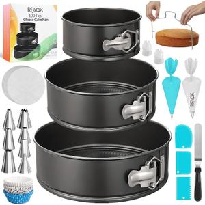 RFAQK 100pcs Cake Pan Sets for Baking + Cake Decorating Supplies: 3 Non-Stick Springform Pans Set (4, 7, 9 inches), Icing Tips, Cake Leveler Multi-functional Leak-Proof CheeseCake Pan & eBook