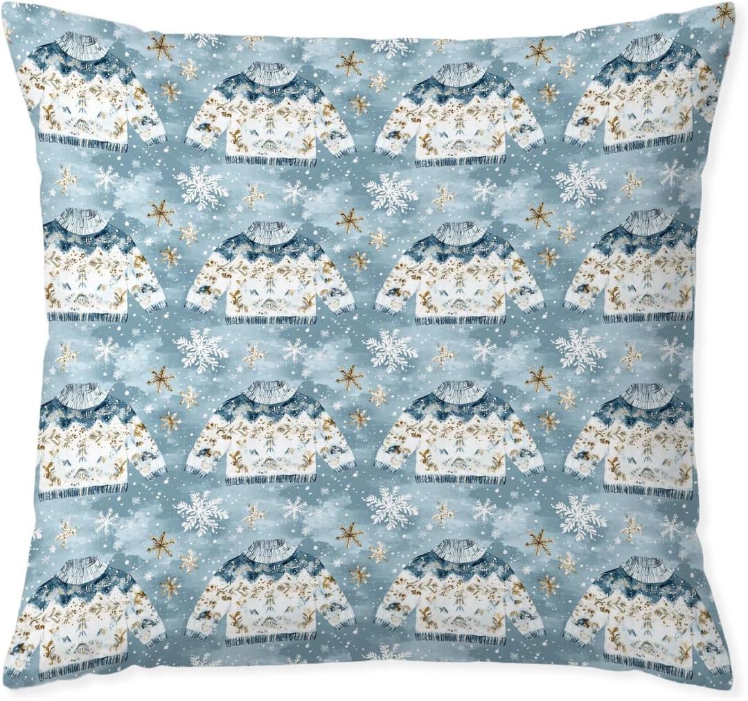 Vintage Blue Christmas Sweater Pillow Covers 18x18, Holiday Winter Snowflake Christmas Sewing Quilting Decorative Throw Pillow Covers for Couch Sofa Bedroom Living Room Home
