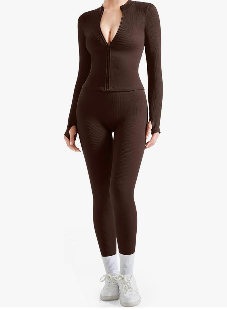 SUUKSESS Women 2 Piece Seamless Ribbed Workout Sets With Zip Up Jacket High Waisted Gym Yoga Leggings, M