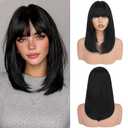 Haloo Black Bob Wigs with Bangs Shoulder Length Straight Natural Looking Synthetic Heat Resistant Medium Hair Wigs for Women Daily Party, 16 Inch