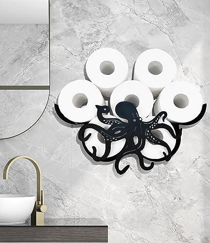 Metal Octopus Paper Holders,Funny Black Animals Paper Storage Holders Stand for Indoor Bathrooms Kitchen,Novelty Wall Mounted Toilet Rolls Storage Fit 8 Rolls,Practical and Convenient