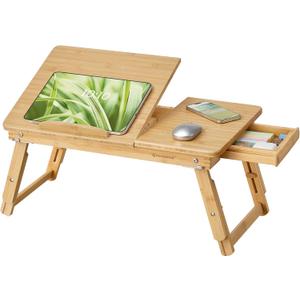 SONGMICS Bed Laptop Desk, Folding Bed Tray for Laptop up to 15.6 Inches, Adjustable Angle and Height, Portable for Working Reading Writing Breakfast, Bamboo, Drawer, Light Bamboo ULLD01N