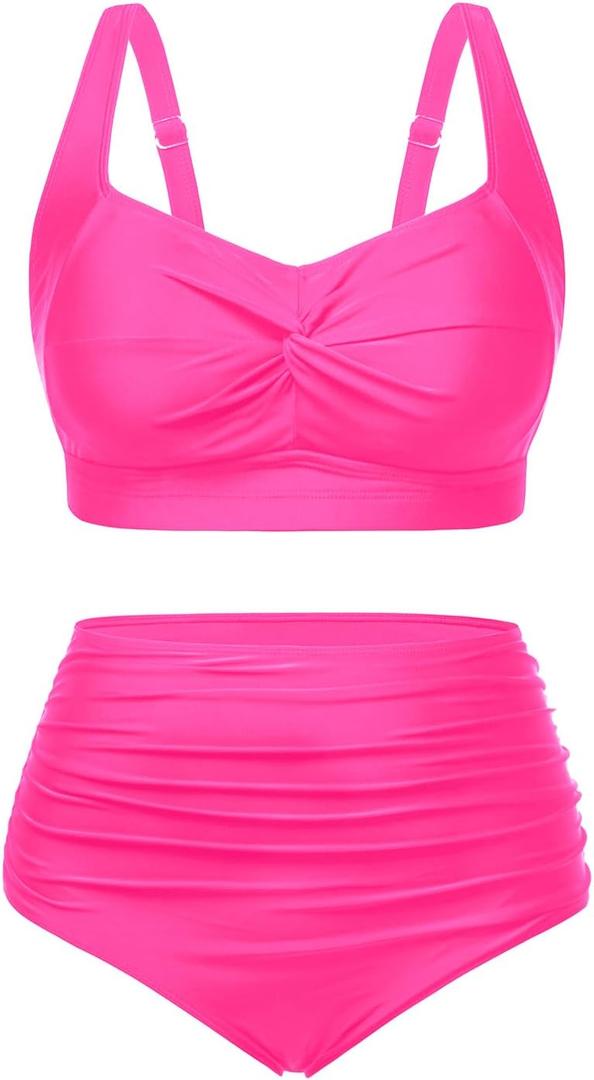 Tempt Me Women Plus Size High Waisted Bikini Set Two Piece Swimsuit Tummy Control Bathing Suits (Hot Pink), 16W