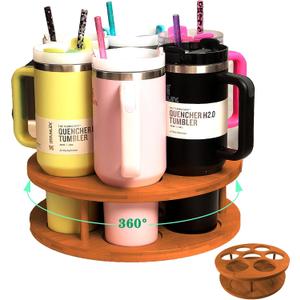 7-Slot Rotating Water Bottle Organizer for Stanley 40 oz Tumbler, Bamboo Cup Holder Rack for Owala, Yeti, Thermos 360 Spinning Storage for Kitchen Counter & Cabinet, Dark Brown
