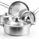 Stainless Steel Pots and Pans Set, 7-Piece Kitchen Cookware Sets with Glass Lids, Stay-Cool Handle, Oven Safe, Works with Induction/Electric and Gas Cooktops, Dishwasher