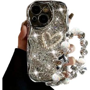 for iPhone 15 Plus Case with Beaded Marble Wrist Strap Super Sparkly Phone Case with Silvery Foil Glitter Creative Rhinestone Pearl Cute Love Heart Girly Women Phone Case for iPhone 15 Plus