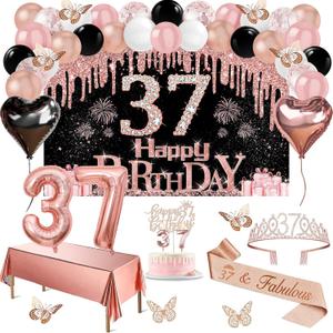 37th Birthday Decorations for Women, 49pcs Black Rose Gold Black Happy 37th Birthday Banner, Tablecloth, Butterfly Decor, Sash and Tiara, Cake Topper, Candles, Balloons Arch