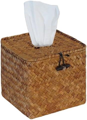 PINXIURY Segrass Woven Tissue Box Cover, Boho Tissue Holder with Lid, Farmhouse Napkin Holder for Toilet Bathroom Living Room Kitchen Bedroom Office Table Desk Car, Natural 5.9" L x 5.7" W x 5.7" H