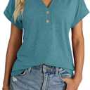 Womens V Neck Short Sleeve Tops Casual Summer T Shirts Loose Fit Rolled Sleeve Tee Tunic Blouse (Small)