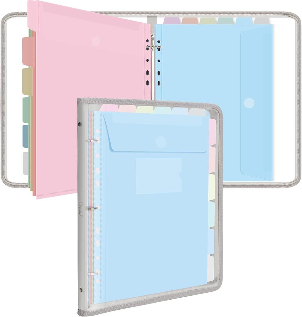 Uquelic Clear PVC Binder with 12 Colorful Pockets - Zipper Binder 3 Ring with Dividers Letter Size (11'' x 8.5'') - Large Capacity Document Organizer, Cute Folder for School, Office & Home Use​ (Grey)