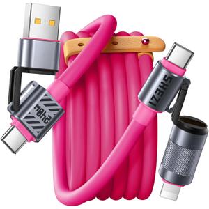 4 in 1 USB C Cable 240W 5FT Fast Charging & Data Transfer, Thicker Silicone Multi Charger Cord for iPhone iPad Charger Wire Combo with L/Type C/USB A for iPhone 16/15/Macbook (Pink)