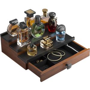 Cologne Organizer for Men: with Drawer, 3 Tier Wooden Cologne Stand Desktop Perfume Display Shelf, Bedroom Dresser Makeup Lotion Jewelry Storage Organizer