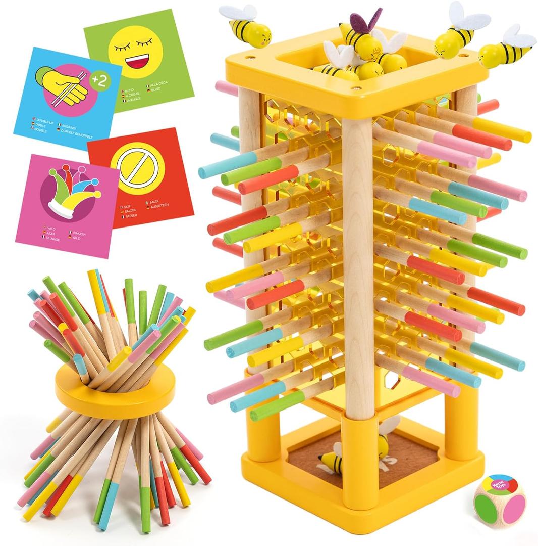 Nene Toys BeeFall Wooden Tower Game for Kids 3+  4-in-1 Stick Drop Bee Game with Dice & Action Cards, Rainbow Sticks Ring  Montessori Board Game for Family Game Night, Fine Motor Skills