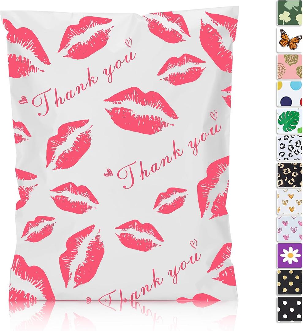 JinRuiKJ Thank You Poly Mailer 6x9 - 100 Pack - Strong Thick Self Adhesive Mailing Bags - Cute Packaging Bags for Small Business - Red Lips Printed