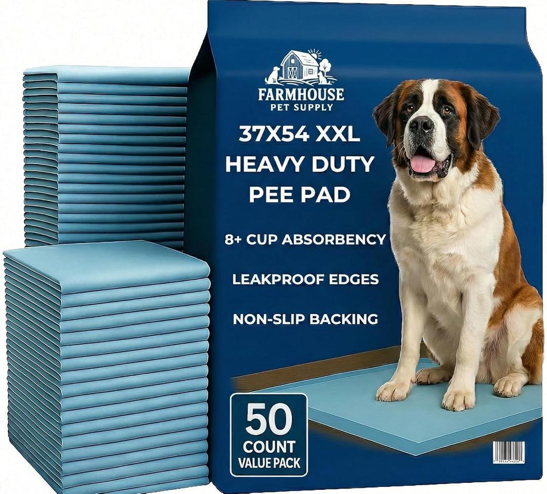 Pee Pads for Dogs Extra Large 37x54 XXL - 50 Count Leak Proof Heavy Duty with Adhesive Tabs 24 Hour Absorbent Disposable Puppy Training Pads for Large Dog Breeds 6-Layer Non Slip Backing