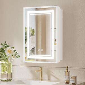 TokeShimi 16x24 White Led Medicine Cabinet Mirror for Bathroom Tempered, 3-Color Stepless Dimming Recessed Lighted Medicine Cabinet with Mirrored Defog, Mirror with Storage and Outlets